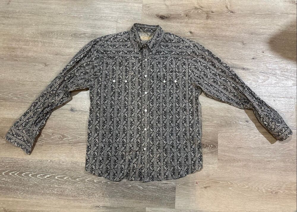 Scully western shirt diamond pearl snap M charcoal cream gray